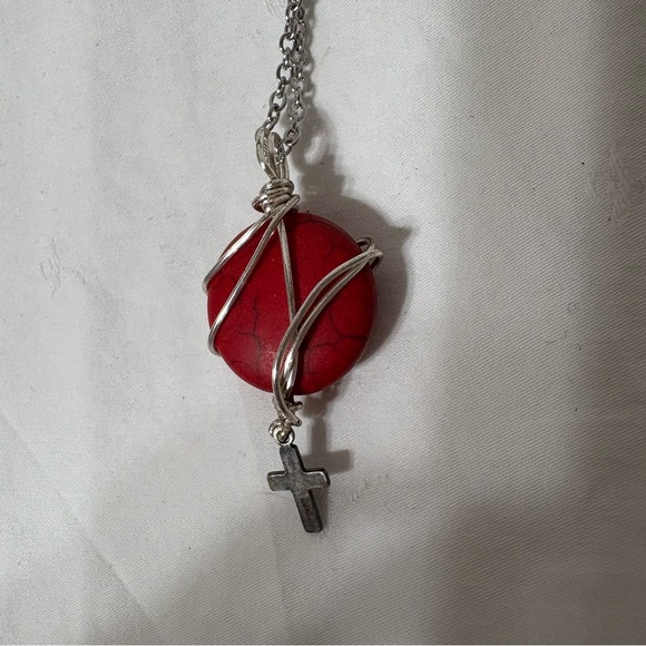 Jewelry - Silver Wrapped Red Stone Necklace with Cross Charm